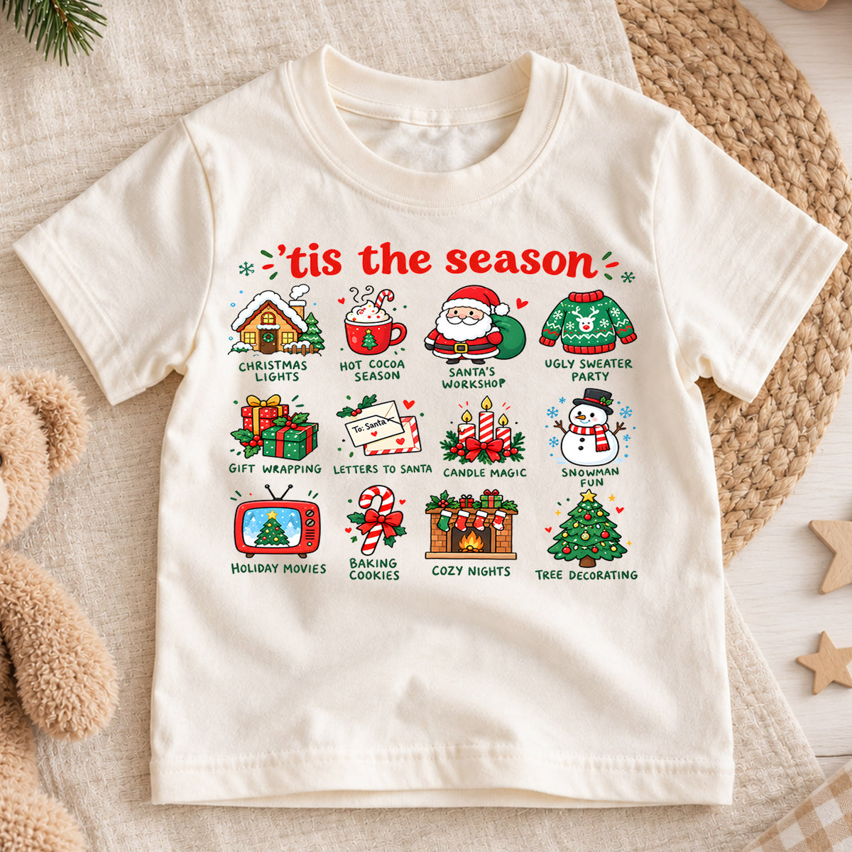 Tis The Season Christmas Shirt, Holiday Traditions Kids T-Shirt, Hot Cocoa Santa Snowman Toddler Tee, Cute Christmas Icons Top, Xmas Kids Gift — product view 1