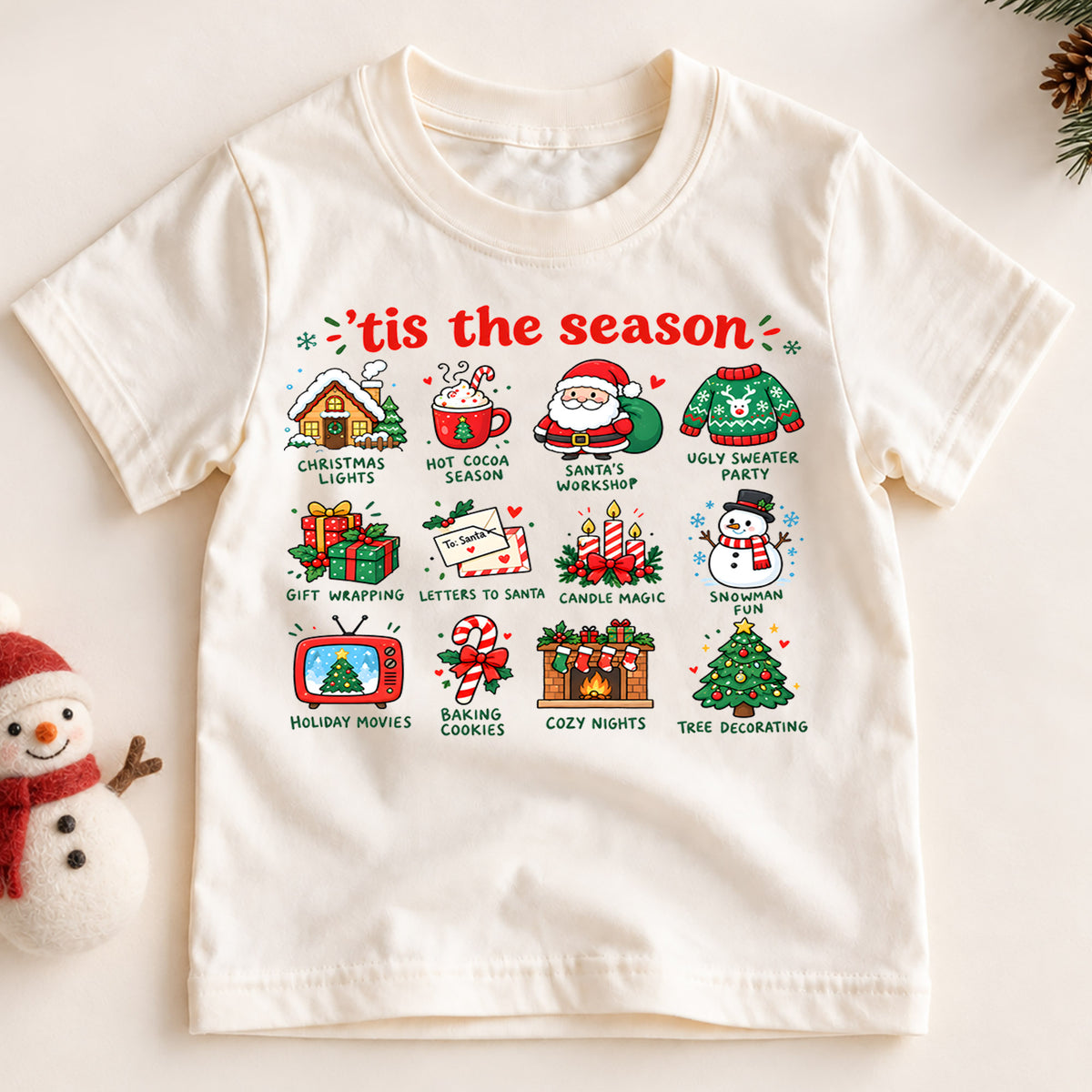 Tis The Season Christmas Shirt, Holiday Traditions Kids T-Shirt, Hot Cocoa Santa Snowman Toddler Tee, Cute Christmas Icons Top, Xmas Kids Gift — product view 2