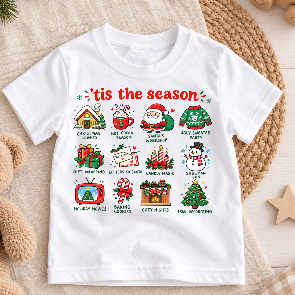 Tis The Season Christmas Shirt, Holiday Traditions Kids T-Shirt, Hot Cocoa Santa Snowman Toddler Tee, Cute Christmas Icons Top, Xmas Kids Gift — product view 3