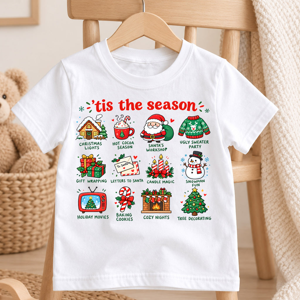 Tis The Season Christmas Shirt, Holiday Traditions Kids T-Shirt, Hot Cocoa Santa Snowman Toddler Tee, Cute Christmas Icons Top, Xmas Kids Gift — product view 4
