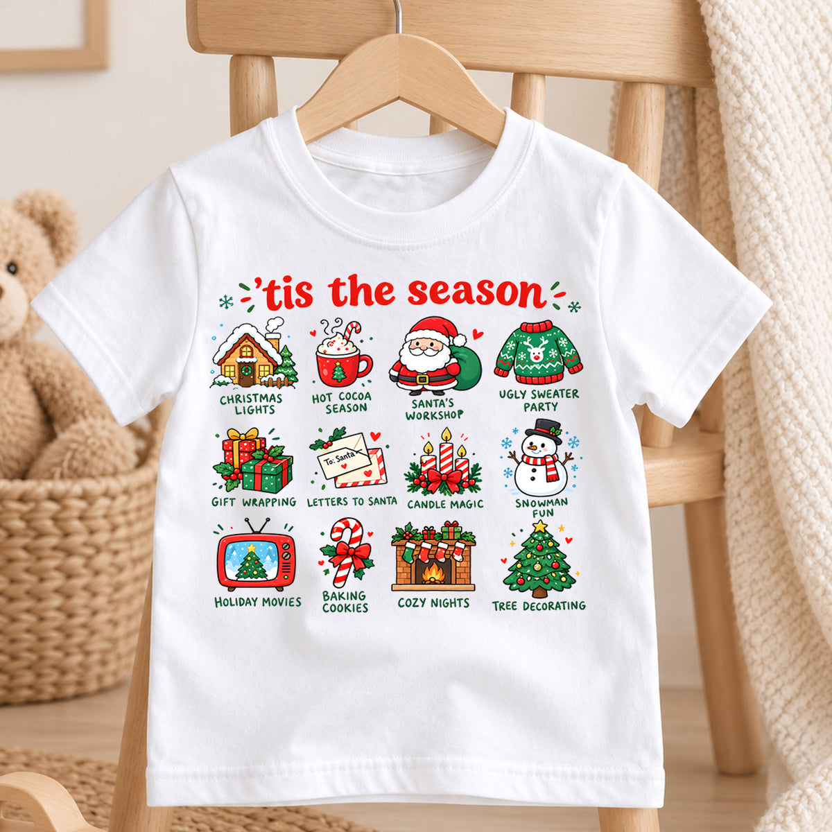 Tis The Season Christmas Shirt, Holiday Traditions Kids T-Shirt, Hot Cocoa Santa Snowman Toddler Tee, Cute Christmas Icons Top, Xmas Kids Gift — product view 4