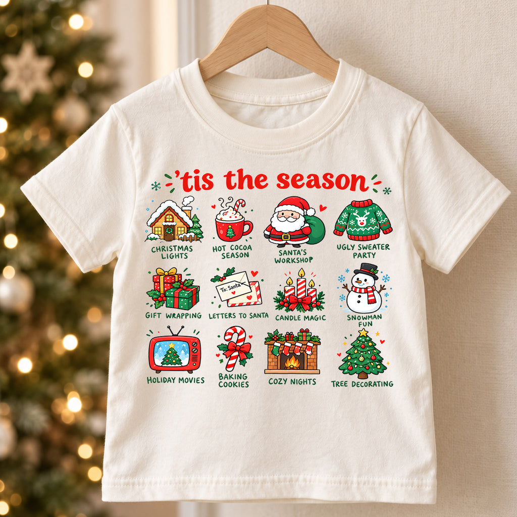 Tis The Season Christmas Shirt, Holiday Traditions Kids T-Shirt, Hot Cocoa Santa Snowman Toddler Tee, Cute Christmas Icons Top, Xmas Kids Gift — product view 5