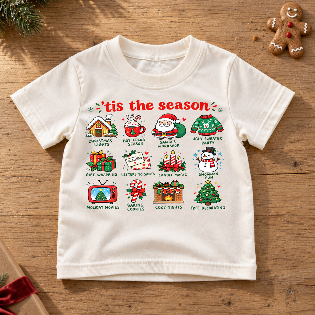 Tis The Season Christmas Shirt, Holiday Traditions Kids T-Shirt, Hot Cocoa Santa Snowman Toddler Tee, Cute Christmas Icons Top, Xmas Kids Gift — product view 6