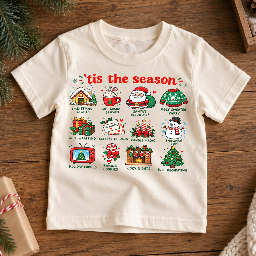 Tis The Season Christmas Shirt, Holiday Traditions Kids T-Shirt, Hot Cocoa Santa Snowman Toddler Tee, Cute Christmas Icons Top, Xmas Kids Gift — product view 7