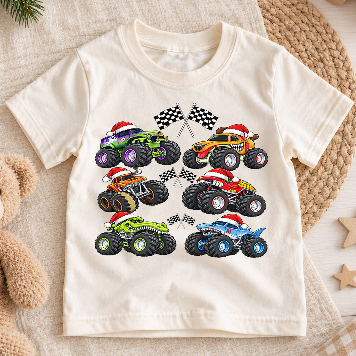 Christmas Monster Trucks Shirt, Boys Holiday Race Car Kids T-Shirt, Santa Hat Monster Jam Toddler Tee, Cool Off Road Graphic Top, Xmas Gift — product view 1