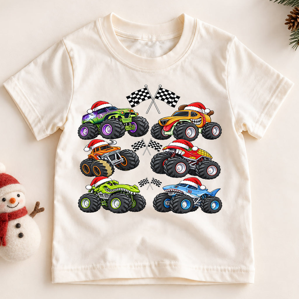 Christmas Monster Trucks Shirt, Boys Holiday Race Car Kids T-Shirt, Santa Hat Monster Jam Toddler Tee, Cool Off Road Graphic Top, Xmas Gift — product view 2