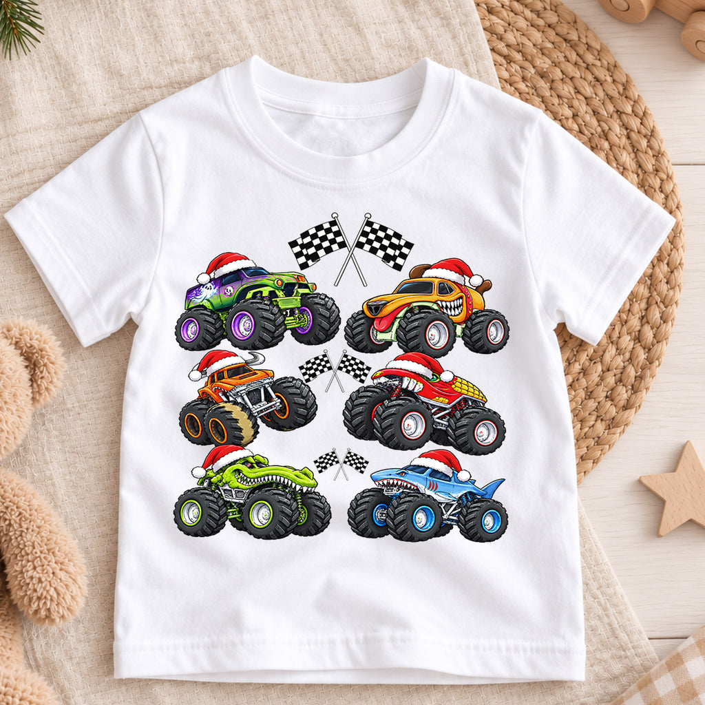 Christmas Monster Trucks Shirt, Boys Holiday Race Car Kids T-Shirt, Santa Hat Monster Jam Toddler Tee, Cool Off Road Graphic Top, Xmas Gift — product view 3
