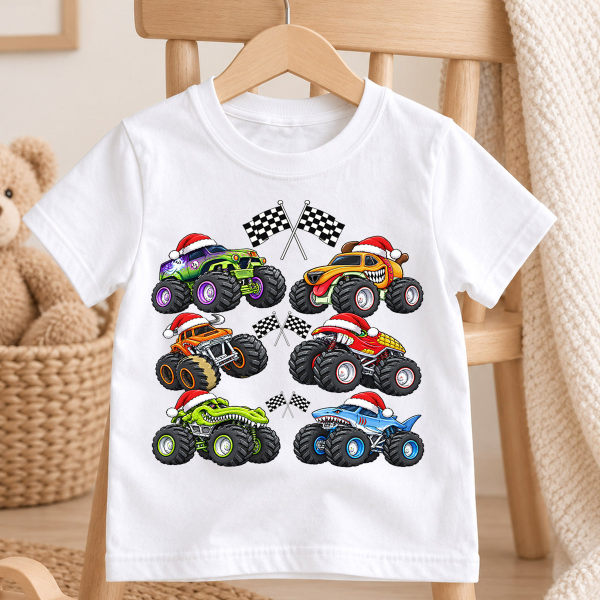 Christmas Monster Trucks Shirt, Boys Holiday Race Car Kids T-Shirt, Santa Hat Monster Jam Toddler Tee, Cool Off Road Graphic Top, Xmas Gift — product view 4