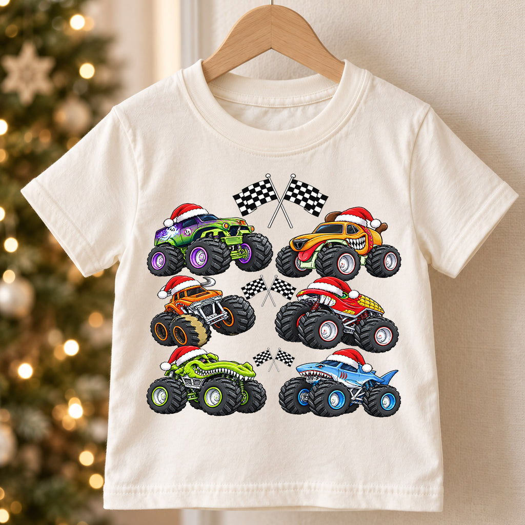 Christmas Monster Trucks Shirt, Boys Holiday Race Car Kids T-Shirt, Santa Hat Monster Jam Toddler Tee, Cool Off Road Graphic Top, Xmas Gift — product view 5