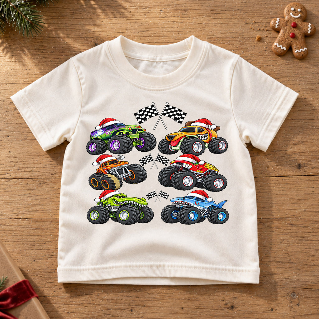 Christmas Monster Trucks Shirt, Boys Holiday Race Car Kids T-Shirt, Santa Hat Monster Jam Toddler Tee, Cool Off Road Graphic Top, Xmas Gift — product view 6