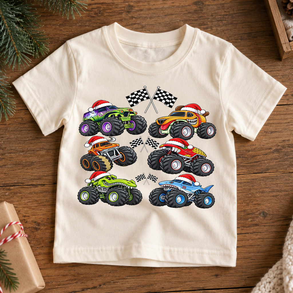 Christmas Monster Trucks Shirt, Boys Holiday Race Car Kids T-Shirt, Santa Hat Monster Jam Toddler Tee, Cool Off Road Graphic Top, Xmas Gift — product view 7