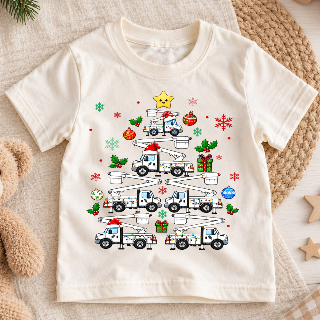Bucket Truck Christmas Tree Shirt, Lineman Utility Truck Kids Tee, Christmas Lights Toddler T-Shirt, Working Vehicles Graphic Top, Xmas Gift — product view 1
