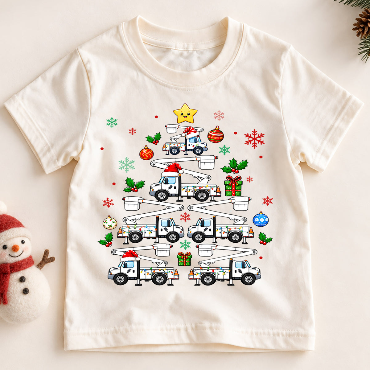 Bucket Truck Christmas Tree Shirt, Lineman Utility Truck Kids Tee, Christmas Lights Toddler T-Shirt, Working Vehicles Graphic Top, Xmas Gift — product view 2
