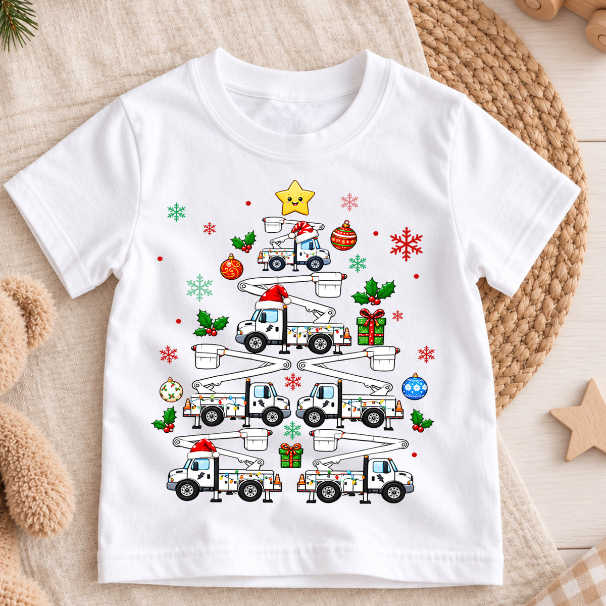 Bucket Truck Christmas Tree Shirt, Lineman Utility Truck Kids Tee, Christmas Lights Toddler T-Shirt, Working Vehicles Graphic Top, Xmas Gift — product view 3