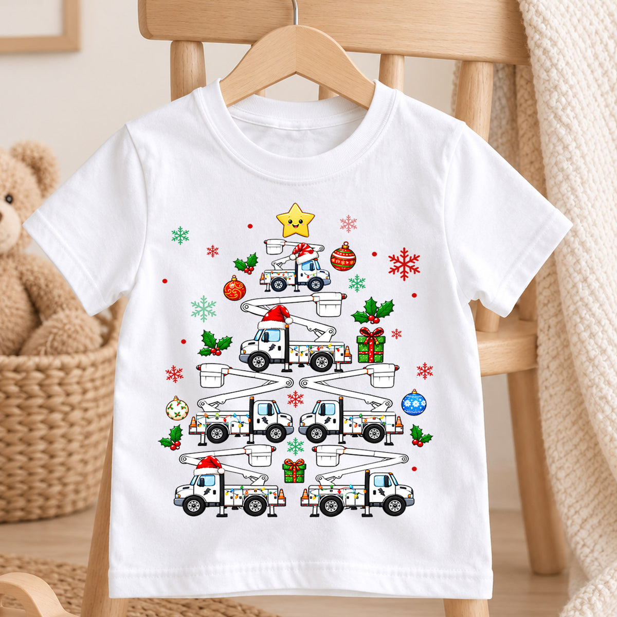 Bucket Truck Christmas Tree Shirt, Lineman Utility Truck Kids Tee, Christmas Lights Toddler T-Shirt, Working Vehicles Graphic Top, Xmas Gift — product view 4