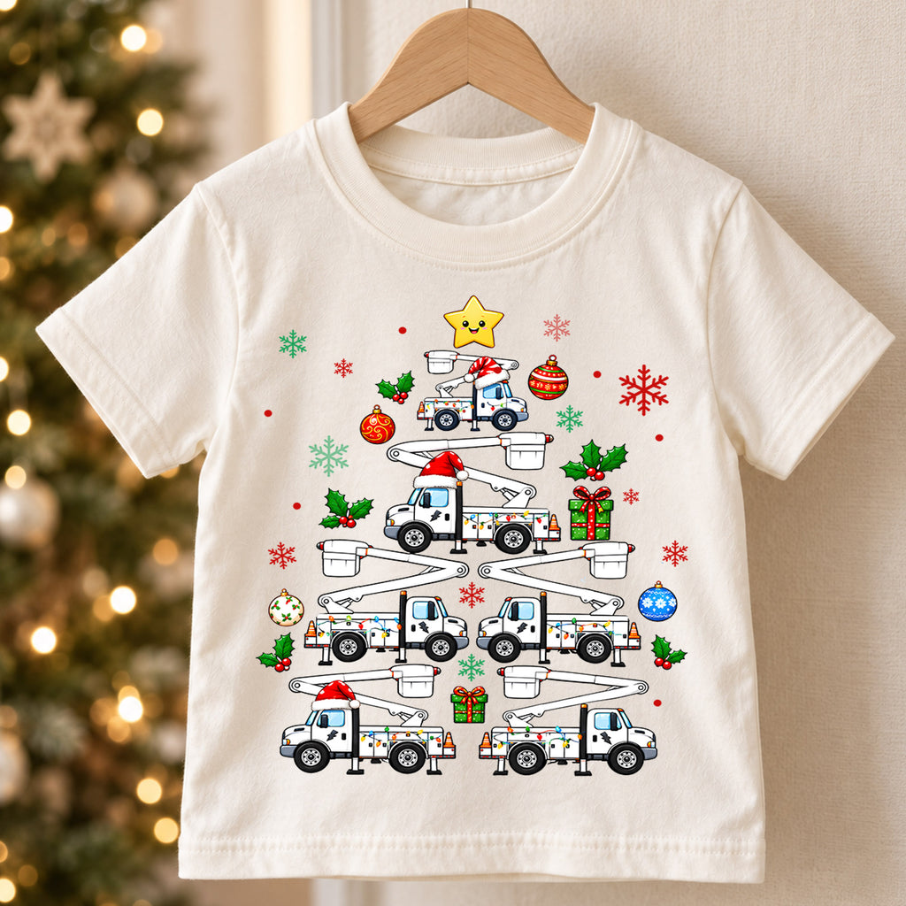 Bucket Truck Christmas Tree Shirt, Lineman Utility Truck Kids Tee, Christmas Lights Toddler T-Shirt, Working Vehicles Graphic Top, Xmas Gift — product view 5