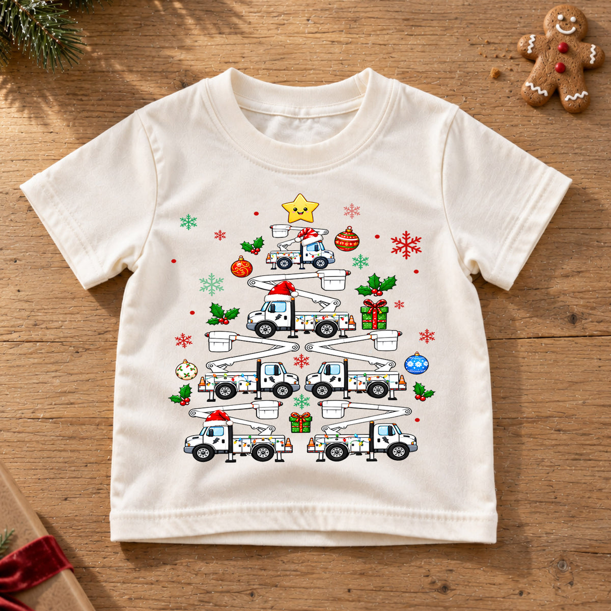 Bucket Truck Christmas Tree Shirt, Lineman Utility Truck Kids Tee, Christmas Lights Toddler T-Shirt, Working Vehicles Graphic Top, Xmas Gift — product view 6