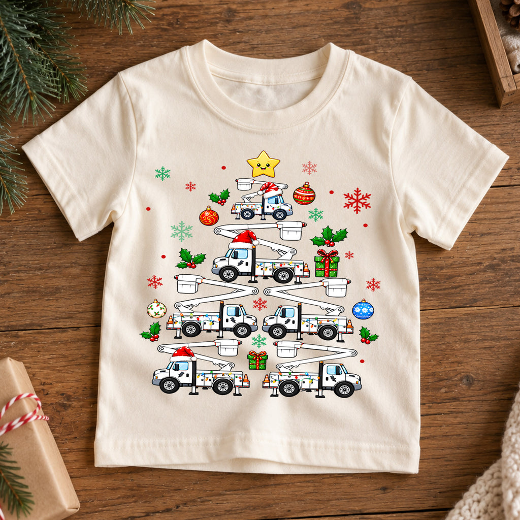 Bucket Truck Christmas Tree Shirt, Lineman Utility Truck Kids Tee, Christmas Lights Toddler T-Shirt, Working Vehicles Graphic Top, Xmas Gift — product view 7