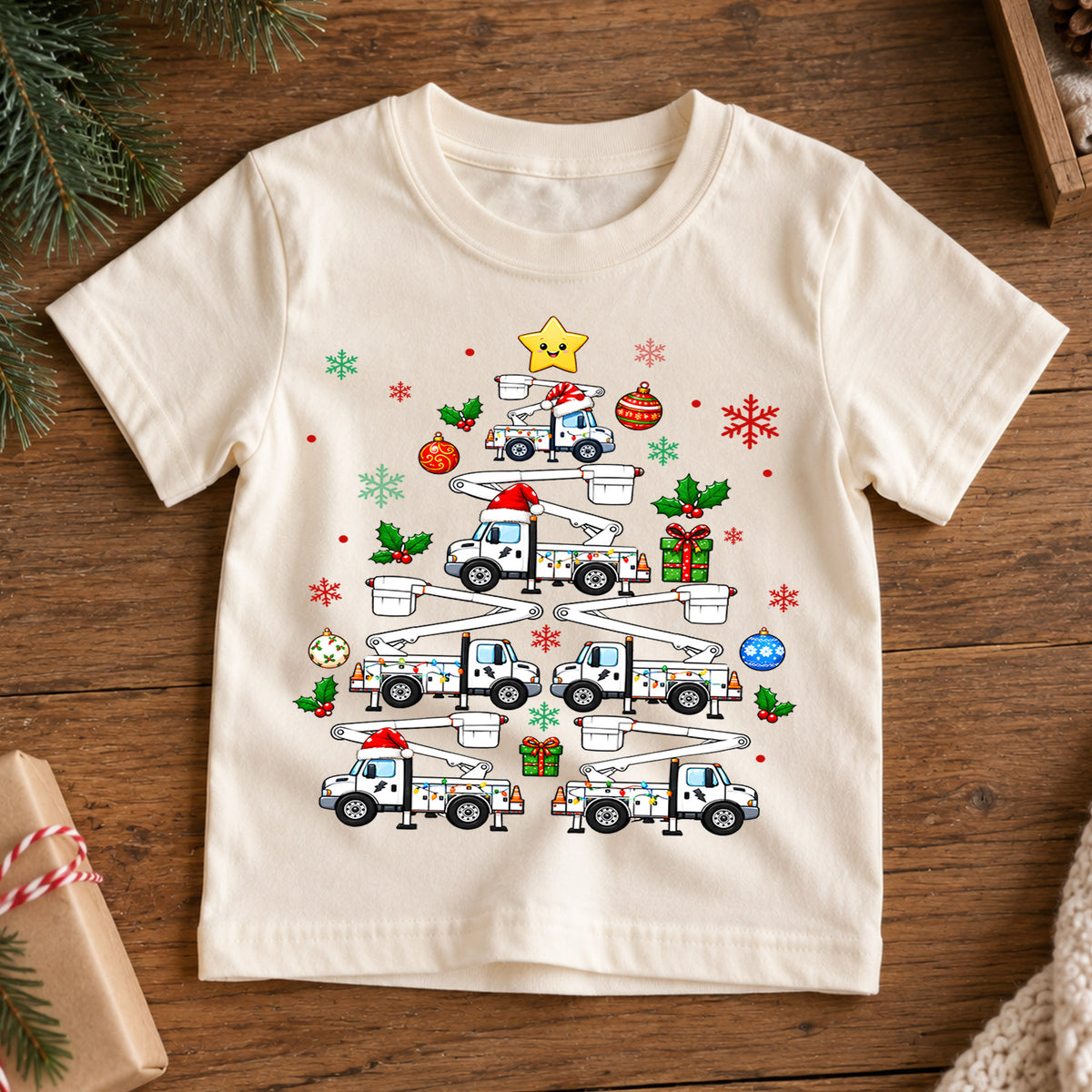 Bucket Truck Christmas Tree Shirt, Lineman Utility Truck Kids Tee, Christmas Lights Toddler T-Shirt, Working Vehicles Graphic Top, Xmas Gift — product view 7