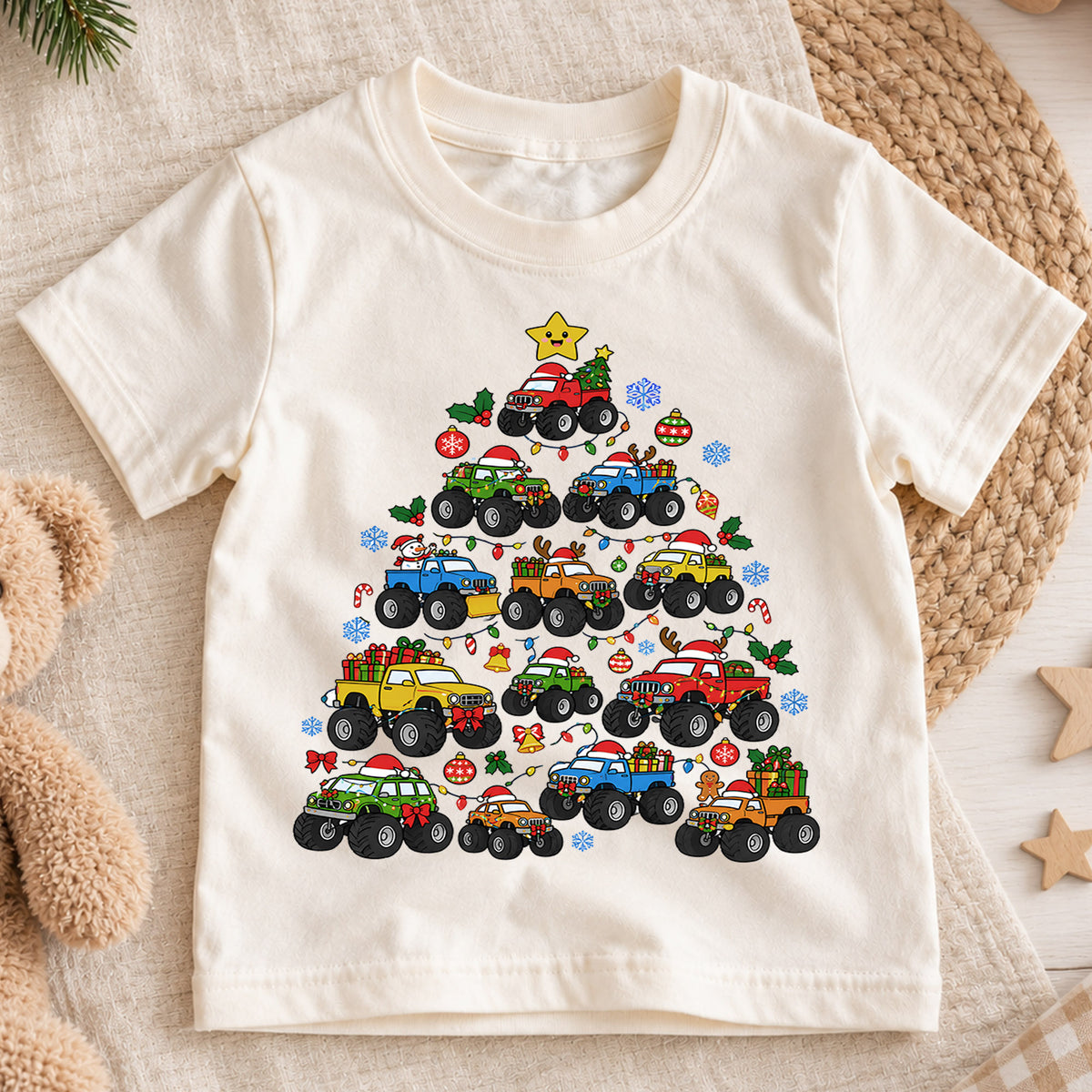 4x4 Truck Christmas Tree Shirt, Off Road Pickup Kids T-Shirt, Monster Truck Holiday Toddler Tee, Cool Cars Tree Graphic Top, Christmas Gift — product view 1