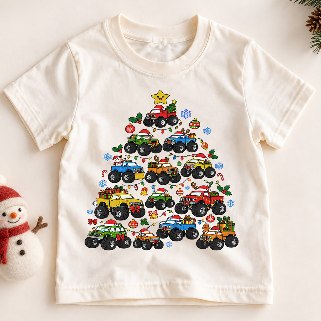 4x4 Truck Christmas Tree Shirt, Off Road Pickup Kids T-Shirt, Monster Truck Holiday Toddler Tee, Cool Cars Tree Graphic Top, Christmas Gift — product view 2