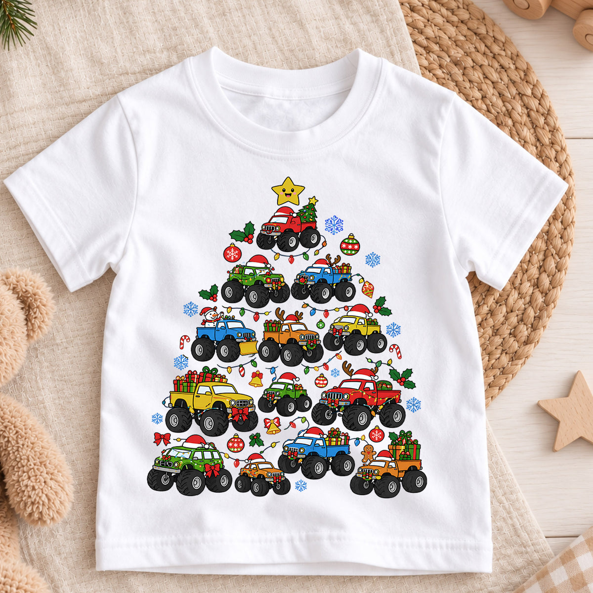 4x4 Truck Christmas Tree Shirt, Off Road Pickup Kids T-Shirt, Monster Truck Holiday Toddler Tee, Cool Cars Tree Graphic Top, Christmas Gift — product view 3