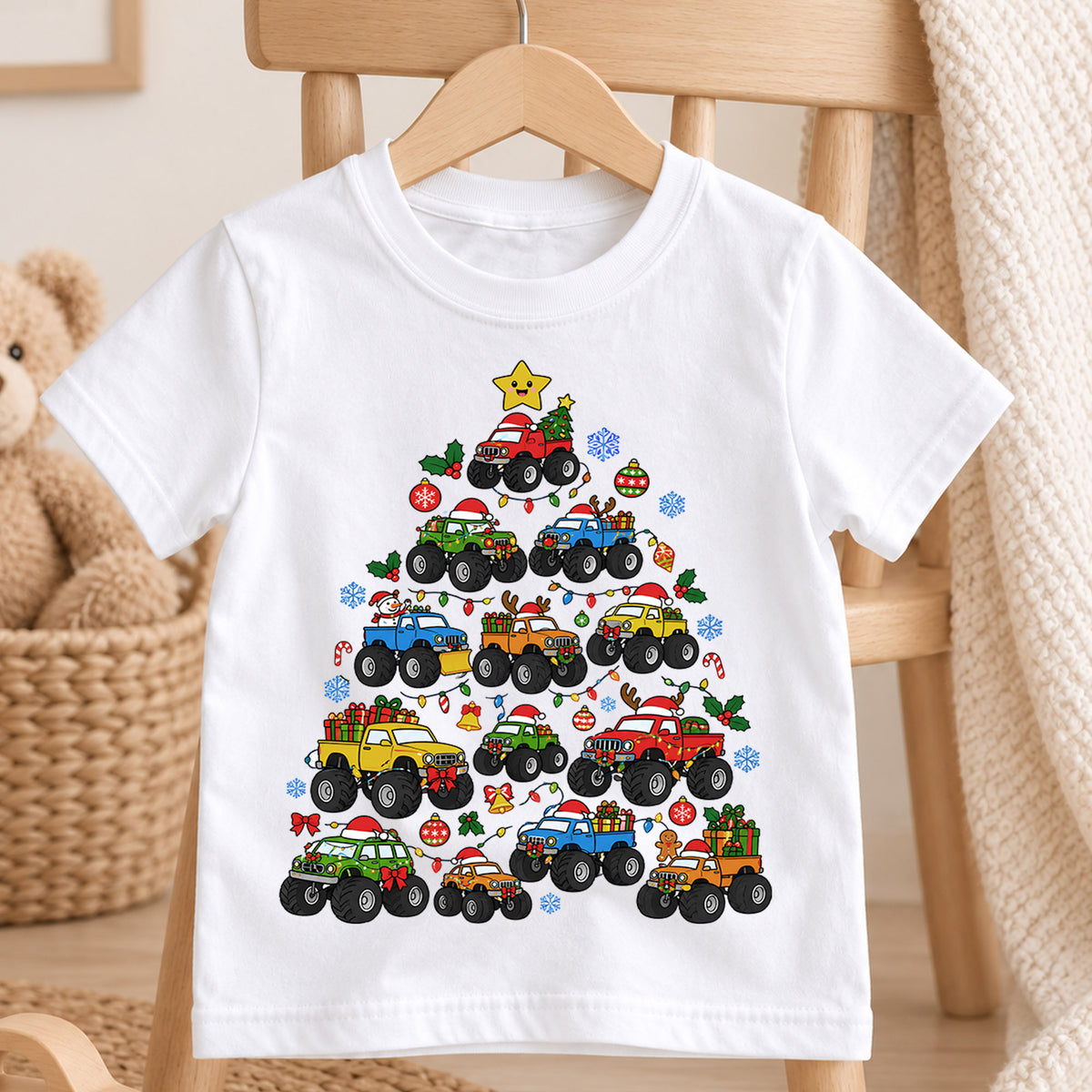 4x4 Truck Christmas Tree Shirt, Off Road Pickup Kids T-Shirt, Monster Truck Holiday Toddler Tee, Cool Cars Tree Graphic Top, Christmas Gift — product view 4