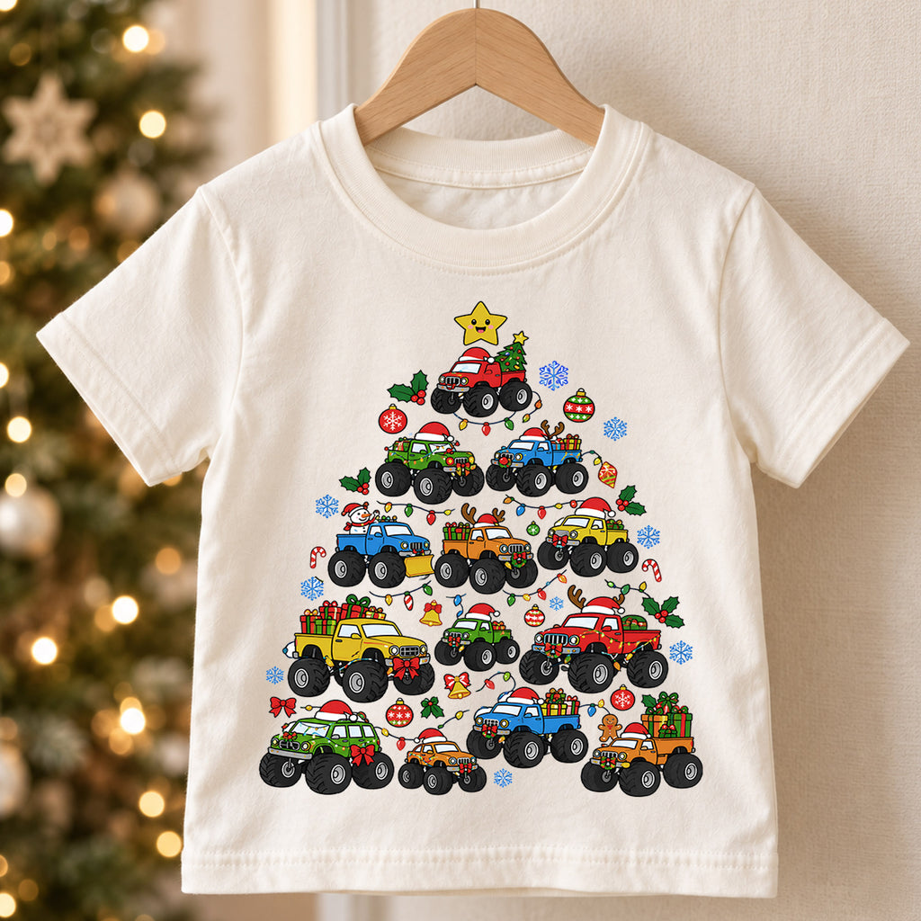 4x4 Truck Christmas Tree Shirt, Off Road Pickup Kids T-Shirt, Monster Truck Holiday Toddler Tee, Cool Cars Tree Graphic Top, Christmas Gift — product view 5