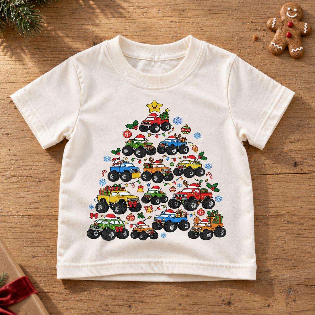 4x4 Truck Christmas Tree Shirt, Off Road Pickup Kids T-Shirt, Monster Truck Holiday Toddler Tee, Cool Cars Tree Graphic Top, Christmas Gift — product view 6