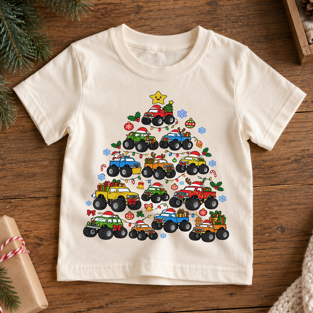 4x4 Truck Christmas Tree Shirt, Off Road Pickup Kids T-Shirt, Monster Truck Holiday Toddler Tee, Cool Cars Tree Graphic Top, Christmas Gift — product view 7