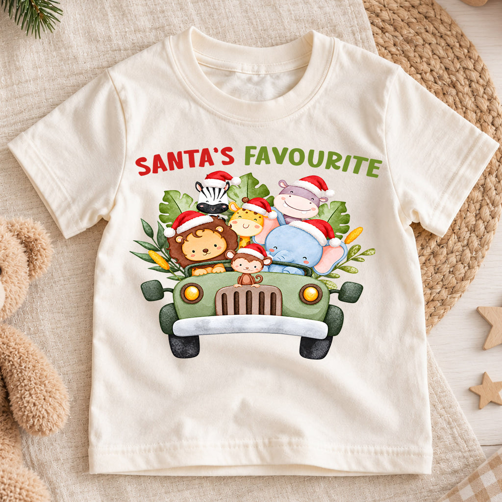 Santa's Favourite Safari Animals Shirt, Cute Jungle Kids T-Shirt, Safari Truck Toddler Tee, Lion Giraffe Elephant Graphic Top, Holiday Gift — product view 1