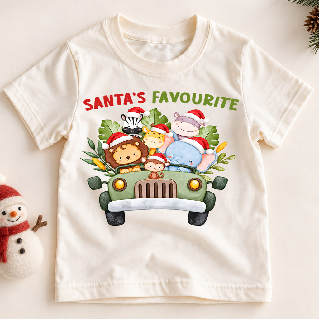Santa's Favourite Safari Animals Shirt, Cute Jungle Kids T-Shirt, Safari Truck Toddler Tee, Lion Giraffe Elephant Graphic Top, Holiday Gift — product view 2