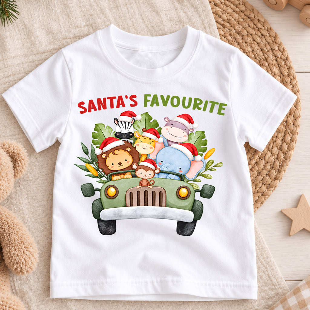 Santa's Favourite Safari Animals Shirt, Cute Jungle Kids T-Shirt, Safari Truck Toddler Tee, Lion Giraffe Elephant Graphic Top, Holiday Gift — product view 3