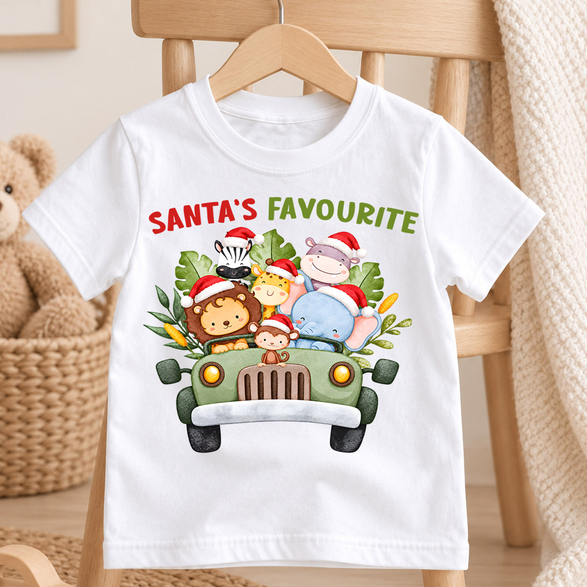 Santa's Favourite Safari Animals Shirt, Cute Jungle Kids T-Shirt, Safari Truck Toddler Tee, Lion Giraffe Elephant Graphic Top, Holiday Gift — product view 4