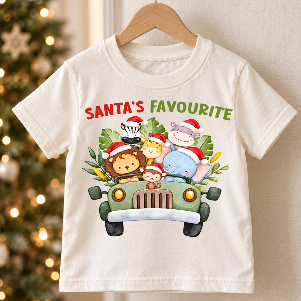 Santa's Favourite Safari Animals Shirt, Cute Jungle Kids T-Shirt, Safari Truck Toddler Tee, Lion Giraffe Elephant Graphic Top, Holiday Gift — product view 5