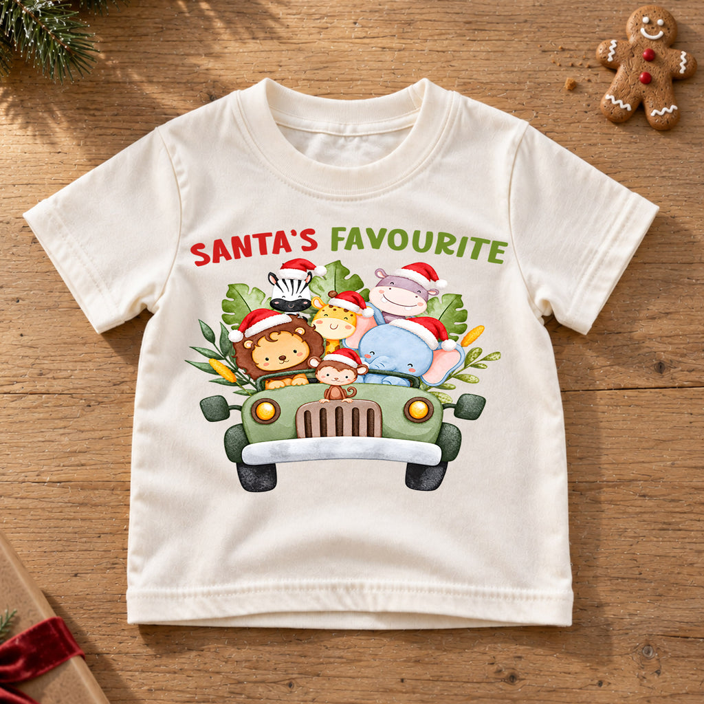Santa's Favourite Safari Animals Shirt, Cute Jungle Kids T-Shirt, Safari Truck Toddler Tee, Lion Giraffe Elephant Graphic Top, Holiday Gift — product view 6