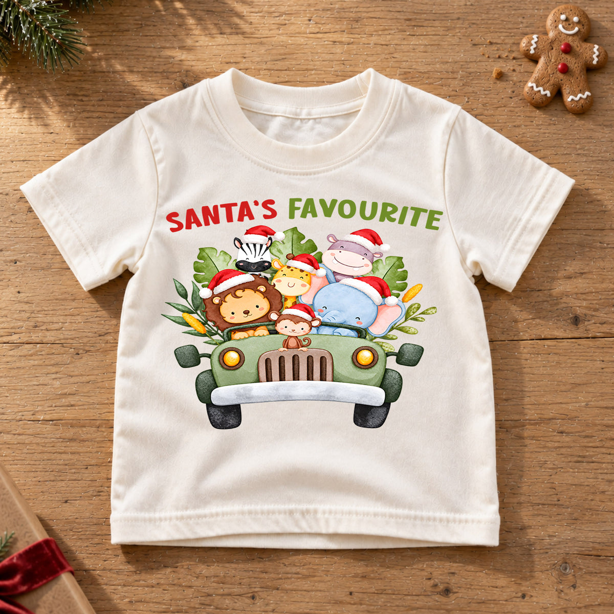 Santa's Favourite Safari Animals Shirt, Cute Jungle Kids T-Shirt, Safari Truck Toddler Tee, Lion Giraffe Elephant Graphic Top, Holiday Gift — product view 6