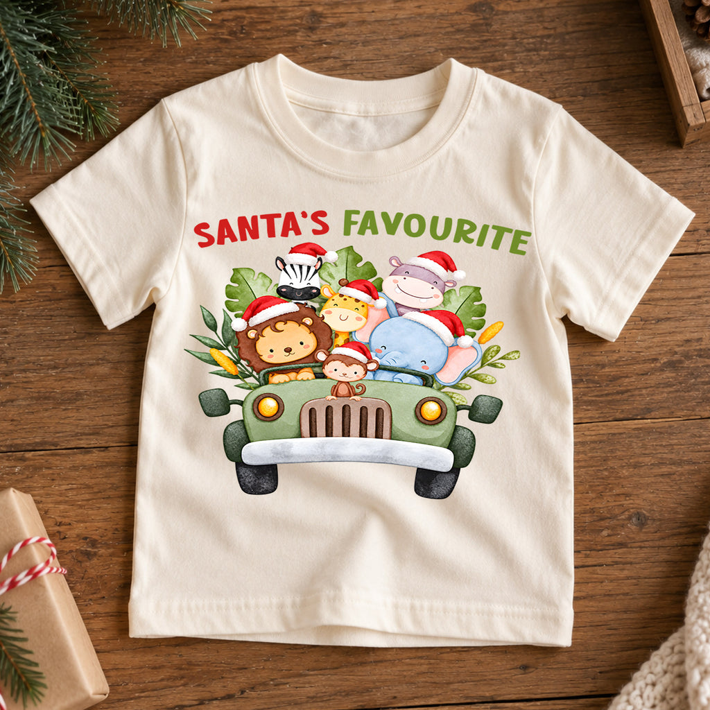 Santa's Favourite Safari Animals Shirt, Cute Jungle Kids T-Shirt, Safari Truck Toddler Tee, Lion Giraffe Elephant Graphic Top, Holiday Gift — product view 7