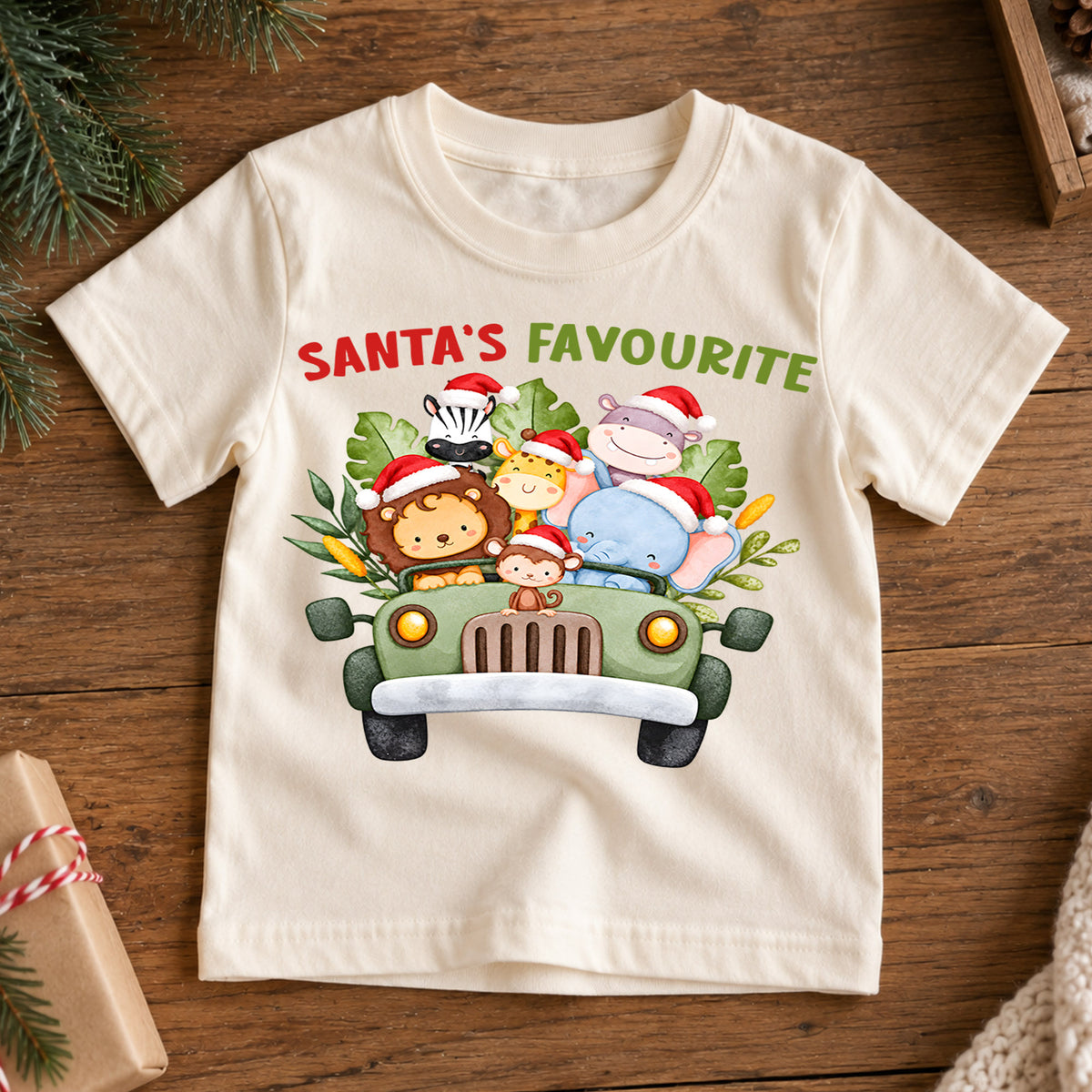 Santa's Favourite Safari Animals Shirt, Cute Jungle Kids T-Shirt, Safari Truck Toddler Tee, Lion Giraffe Elephant Graphic Top, Holiday Gift — product view 7