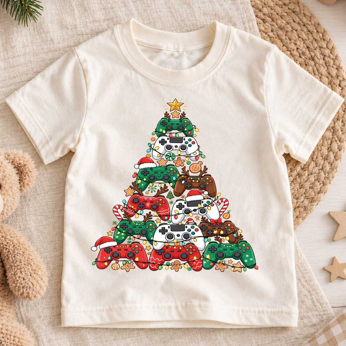 Gamer Christmas Tree Shirt, Video Game Controller Kids T-Shirt, Gaming Holiday Toddler Tee, Cool Gamer Christmas Graphic Top, Boys Xmas Gift — product view 1