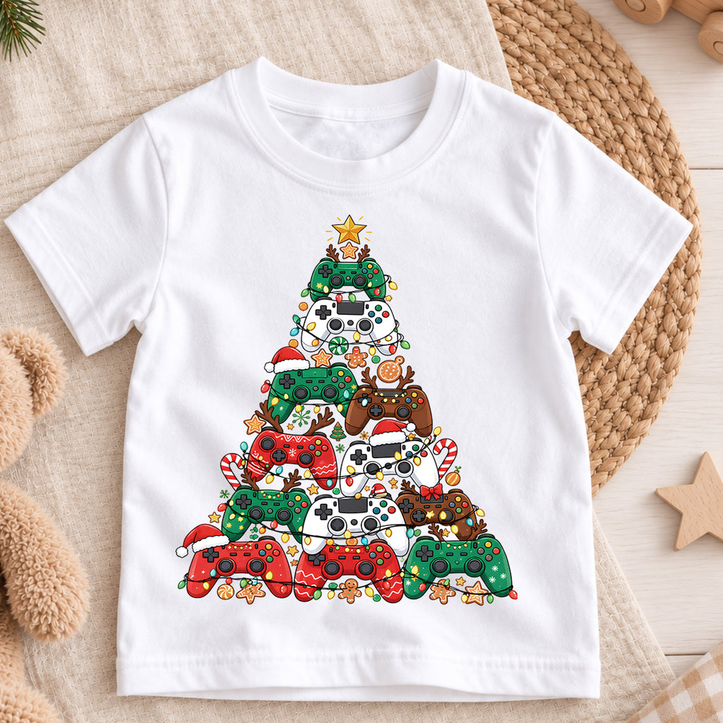Gamer Christmas Tree Shirt, Video Game Controller Kids T-Shirt, Gaming Holiday Toddler Tee, Cool Gamer Christmas Graphic Top, Boys Xmas Gift — product view 3