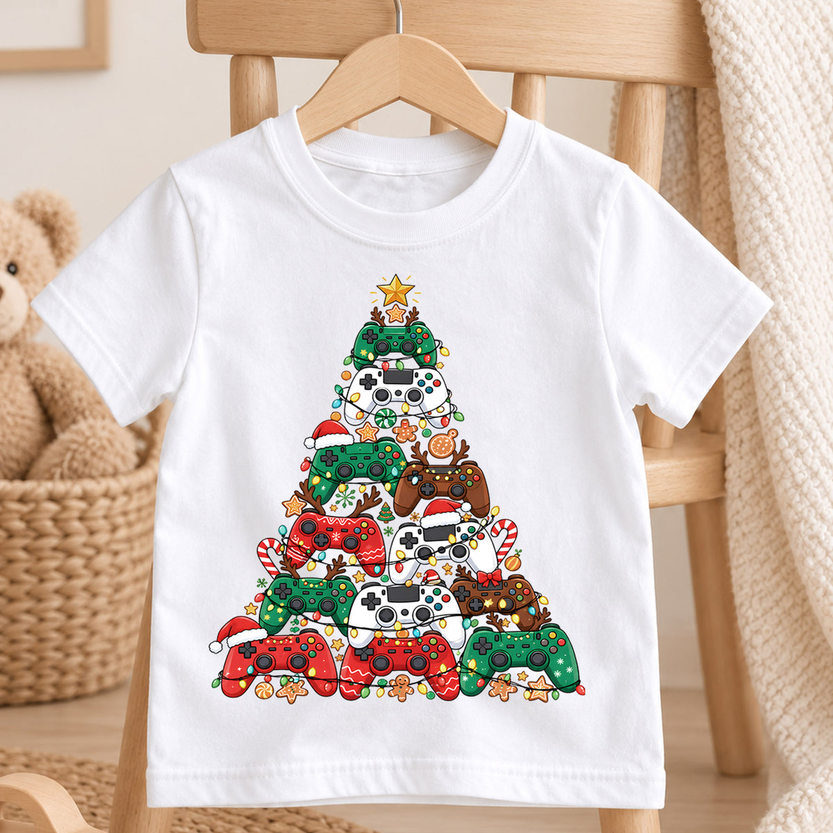 Gamer Christmas Tree Shirt, Video Game Controller Kids T-Shirt, Gaming Holiday Toddler Tee, Cool Gamer Christmas Graphic Top, Boys Xmas Gift — product view 4