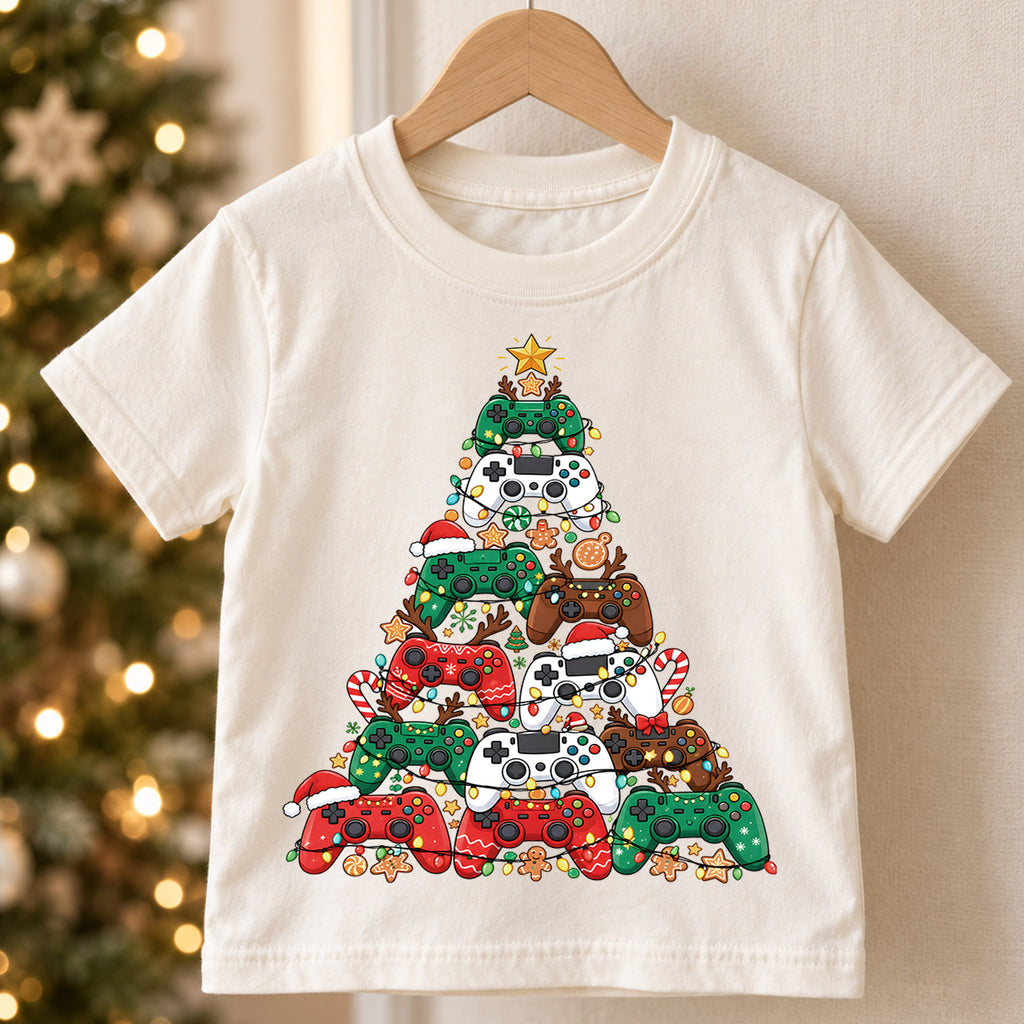 Gamer Christmas Tree Shirt, Video Game Controller Kids T-Shirt, Gaming Holiday Toddler Tee, Cool Gamer Christmas Graphic Top, Boys Xmas Gift — product view 5
