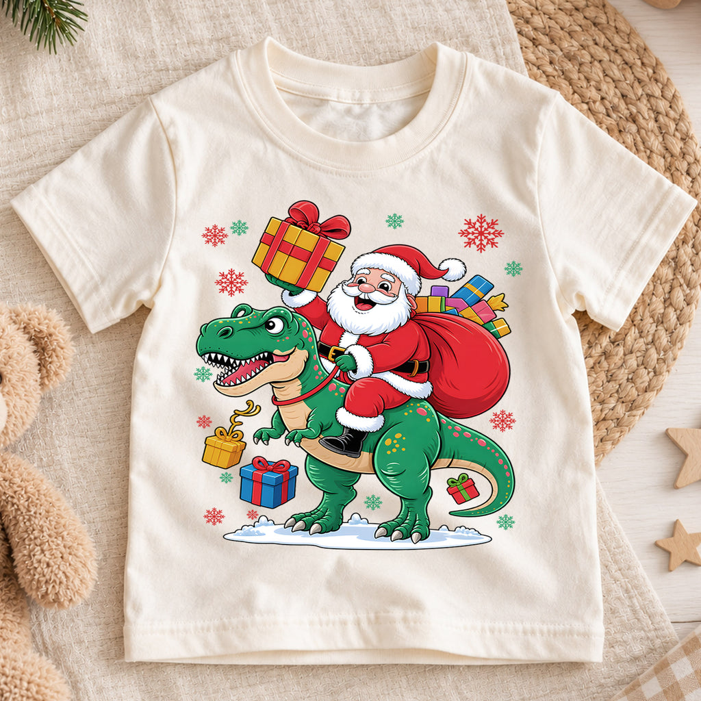 Santa Riding Dinosaur Shirt, Funny T-Rex Christmas Kids T-Shirt, Cute Dino Toddler Holiday Tee, Santa Claus Graphic Top, Xmas Dinosaur Gift — product view 1