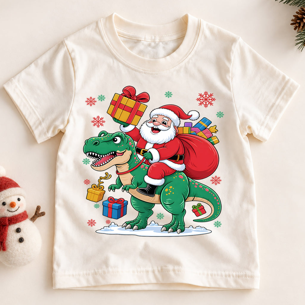 Santa Riding Dinosaur Shirt, Funny T-Rex Christmas Kids T-Shirt, Cute Dino Toddler Holiday Tee, Santa Claus Graphic Top, Xmas Dinosaur Gift — product view 2