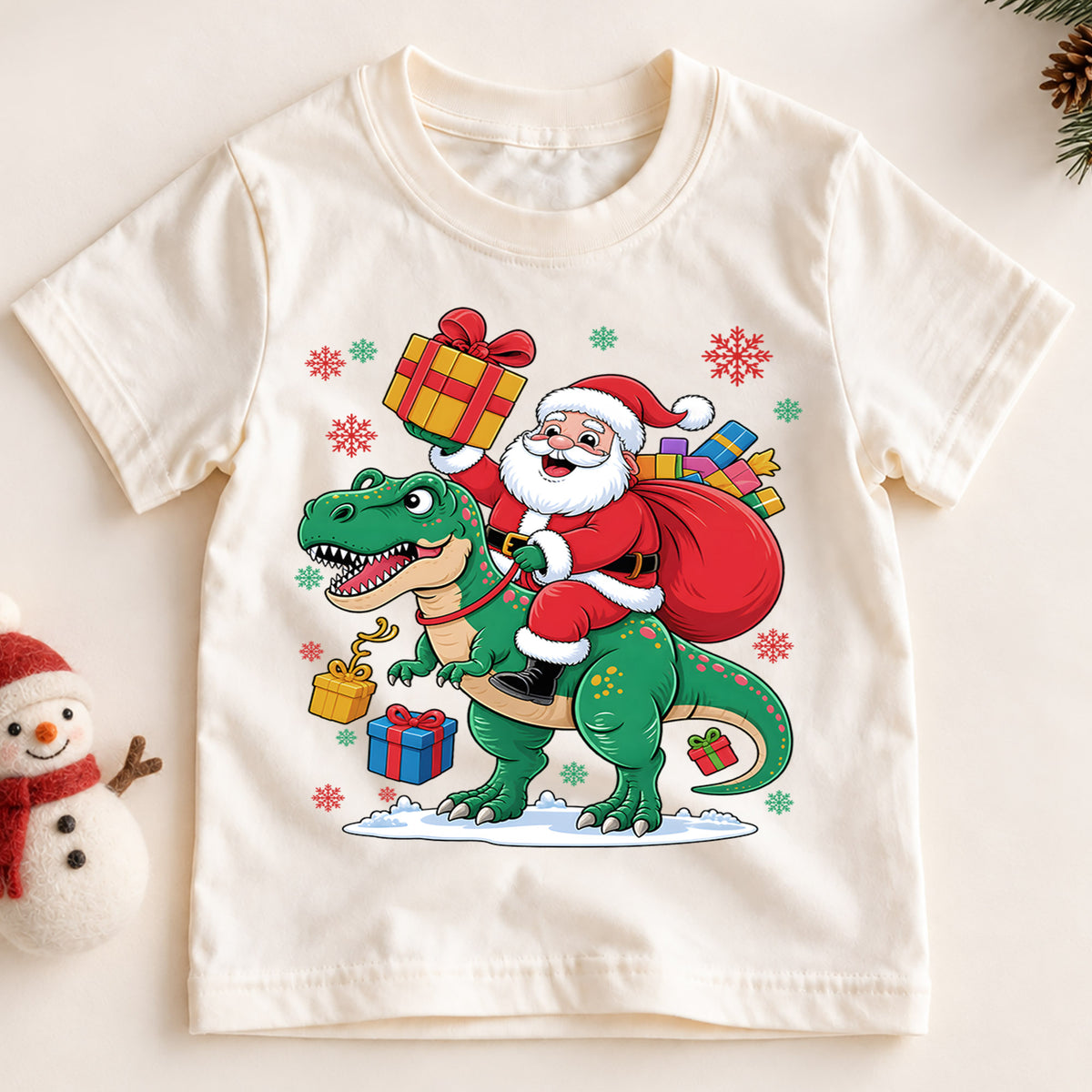 Santa Riding Dinosaur Shirt, Funny T-Rex Christmas Kids T-Shirt, Cute Dino Toddler Holiday Tee, Santa Claus Graphic Top, Xmas Dinosaur Gift — product view 2