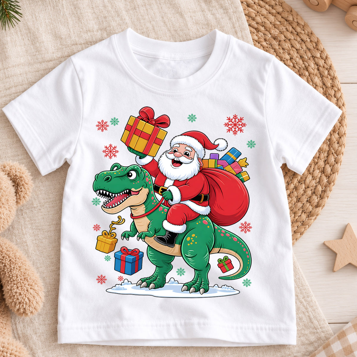 Santa Riding Dinosaur Shirt, Funny T-Rex Christmas Kids T-Shirt, Cute Dino Toddler Holiday Tee, Santa Claus Graphic Top, Xmas Dinosaur Gift — product view 3