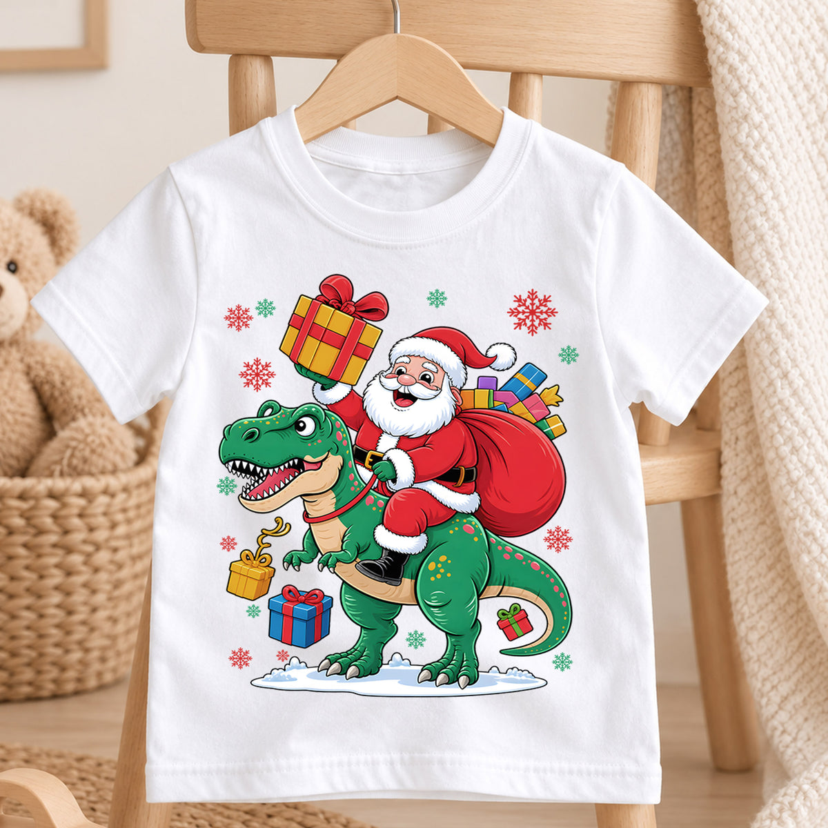 Santa Riding Dinosaur Shirt, Funny T-Rex Christmas Kids T-Shirt, Cute Dino Toddler Holiday Tee, Santa Claus Graphic Top, Xmas Dinosaur Gift — product view 4