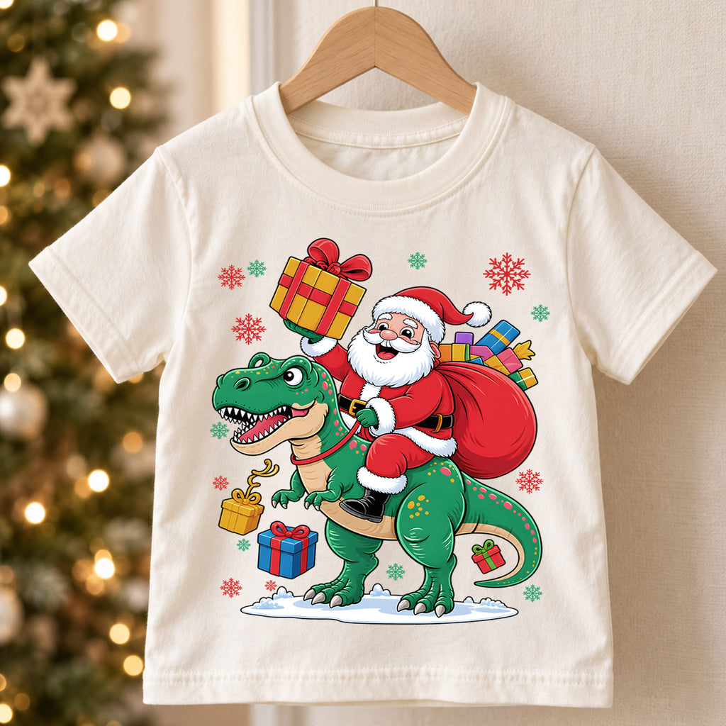 Santa Riding Dinosaur Shirt, Funny T-Rex Christmas Kids T-Shirt, Cute Dino Toddler Holiday Tee, Santa Claus Graphic Top, Xmas Dinosaur Gift — product view 5
