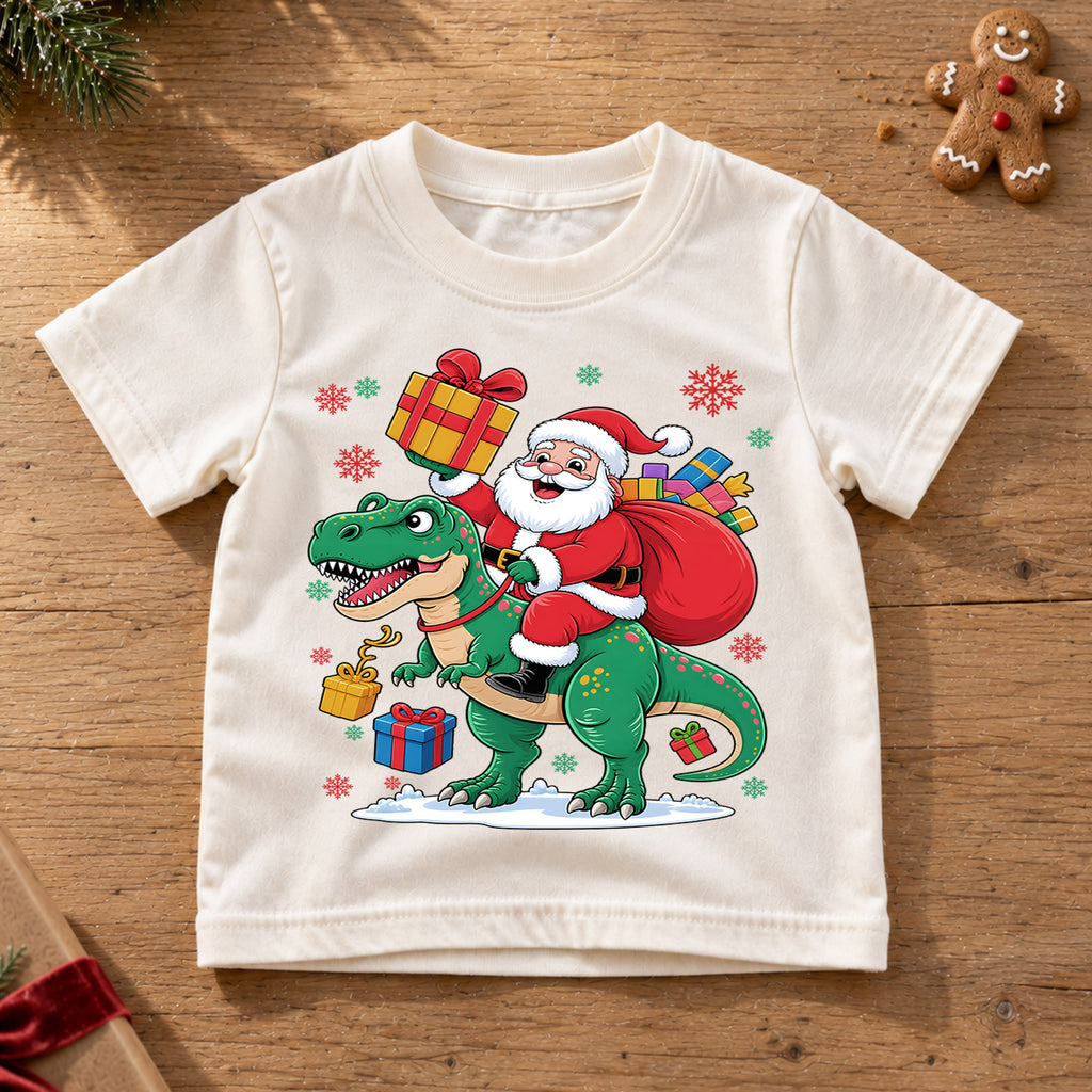 Santa Riding Dinosaur Shirt, Funny T-Rex Christmas Kids T-Shirt, Cute Dino Toddler Holiday Tee, Santa Claus Graphic Top, Xmas Dinosaur Gift — product view 6